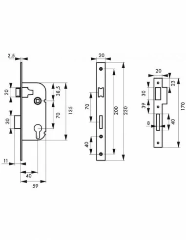 Serrure encastrable pour porte d'entrée serrure à cylindre réversible v/bc  - BEAURAIN DISTRIBUTION