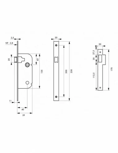 Serrure encastrable pour porte d'intérieur a50mm ea85mm bout carre