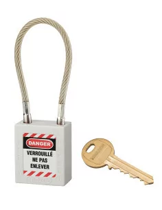 Cadenas de consignation LOTO Lockout Tagout 38 mm câble inox gainé Ø 6 x 1500mm - 1 clé blanc - THIRARD