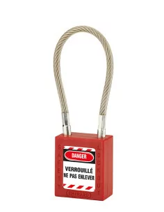 Cadenas de consignation LOTO Lockout Tagout 38 mm câble inox gainé Ø 6 x 1500mm - 1 clé rouge - THIRARD