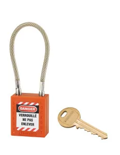 Cadenas de consignation LOTO Lockout Tagout 38 mm câble inox gainé Ø 6 x 1500mm - 1 clé orange - THIRARD