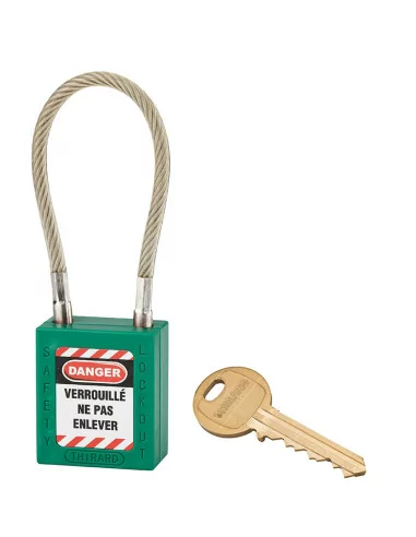 Cadenas de consignation LOTO Lockout Tagout 38 mm câble inox gainé Ø 6 x 1500mm - 1 clé vert - THIRARD