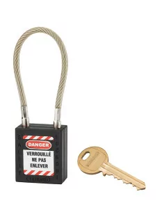 Cadenas de consignation LOTO Lockout Tagout 38 mm câble inox gainé Ø 6 x 1500mm - 1 clé noir - THIRARD