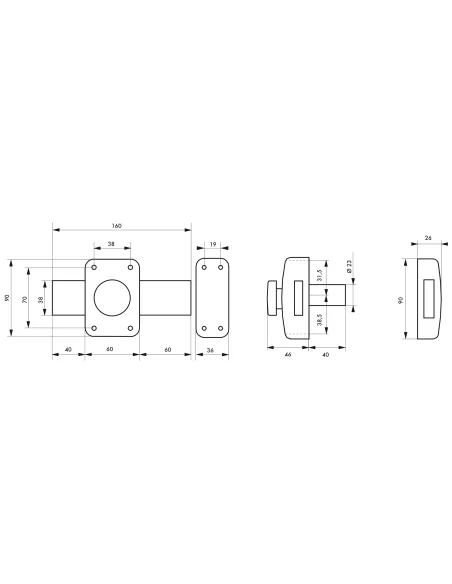 Verrou à bouton et cylindre APACHE Cylindre 40mm - Pêne 160mm, 3 clés, epoxy or - THIRARD